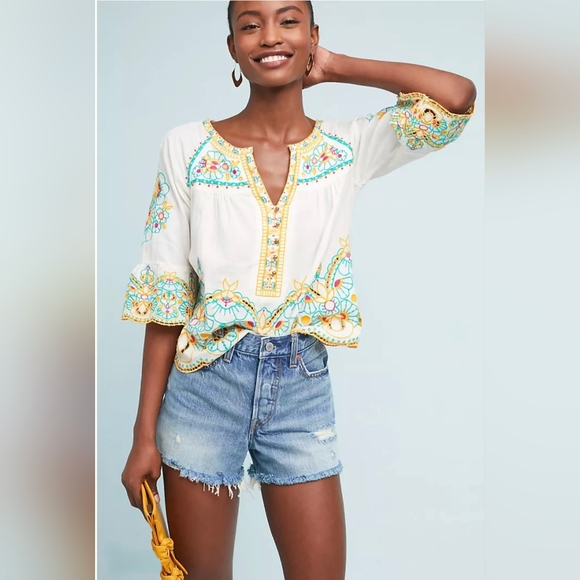 Anthropologie Tops - Anthropologie Embroidered Bisbee Top Akemi + Kin Sz 4 Floral Boho Blouse Spring